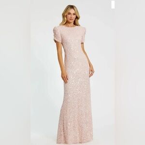 Mac Duggal Blush Pink Gathered Short Sleeve Embellished Gown